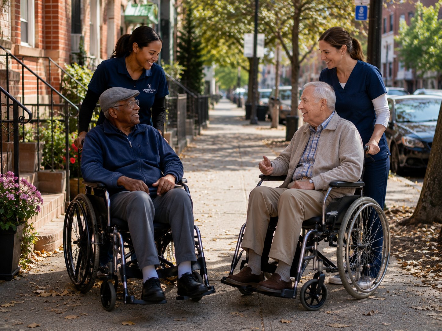 A Compassion Home Care caregiver walking with a participant in a wheelchair on a Philadelphia street